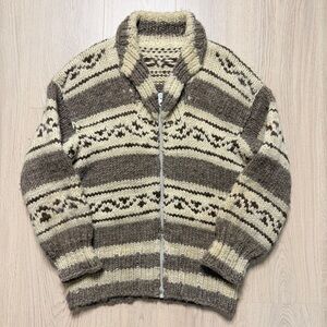 Vintage 50s Hand Spun Wool Cowichan Full Zip Sweater Mens Medium Tan Brown